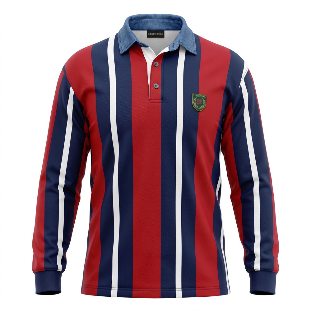 Structure Rugby Shirt Mens Large Red Blue White Good Striped Denim Collar USA